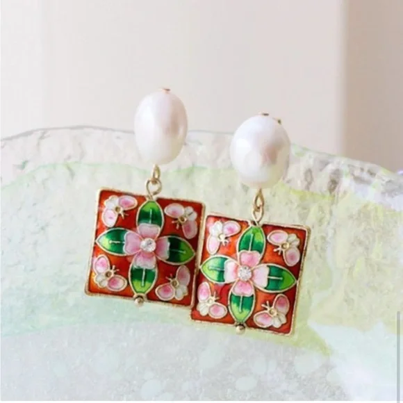 NWT Anthropologie Cloisonne Pearl Drop Earrings - Picture 2 of 7